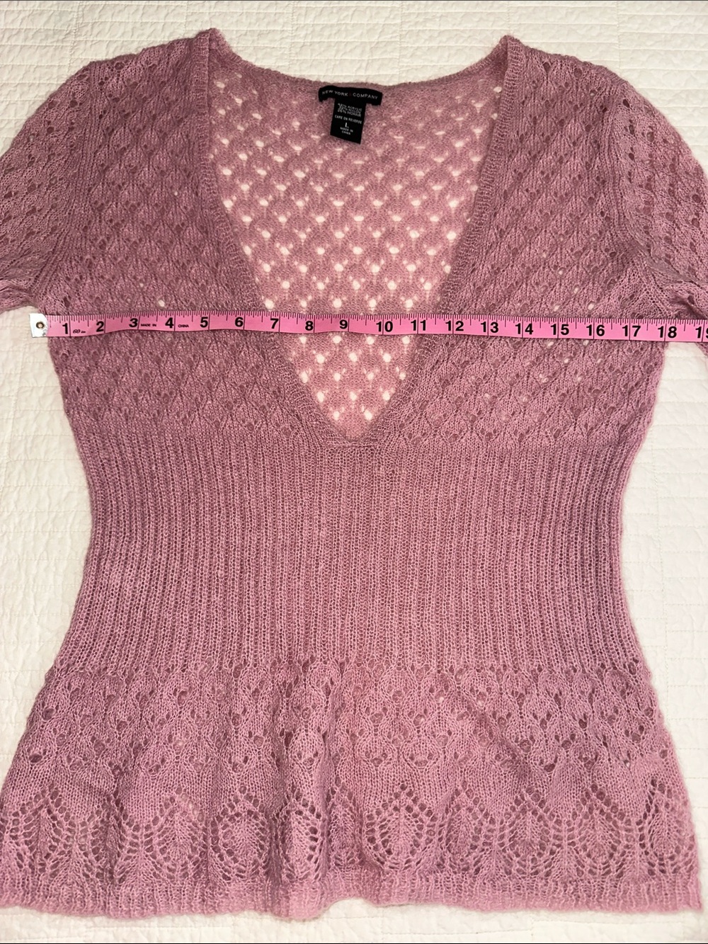 Pink Open Knit V Neck Sweater Women’s Large Boho Sleeve Lightweight Sheer - Picture 3 of 5